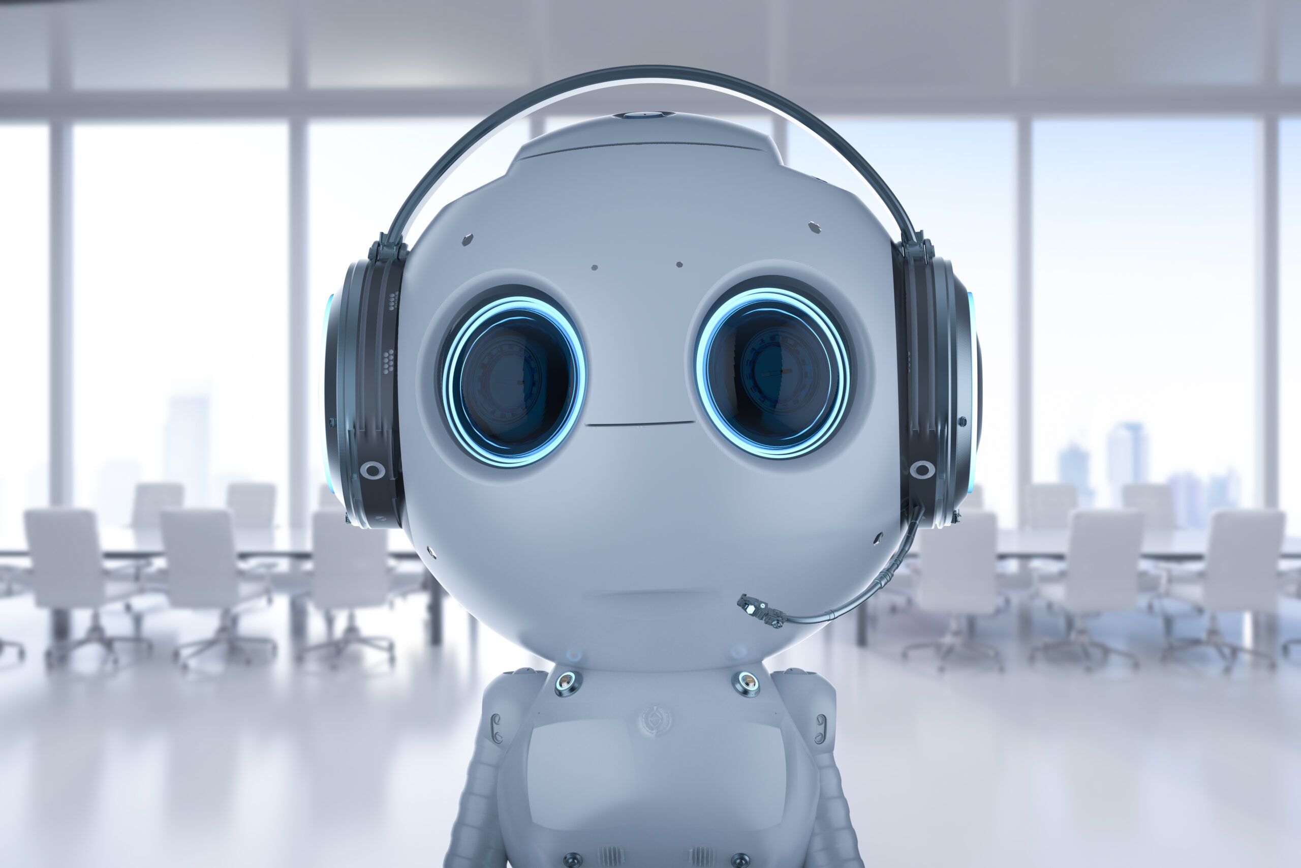 3d rendering mini robot wear headset in office
