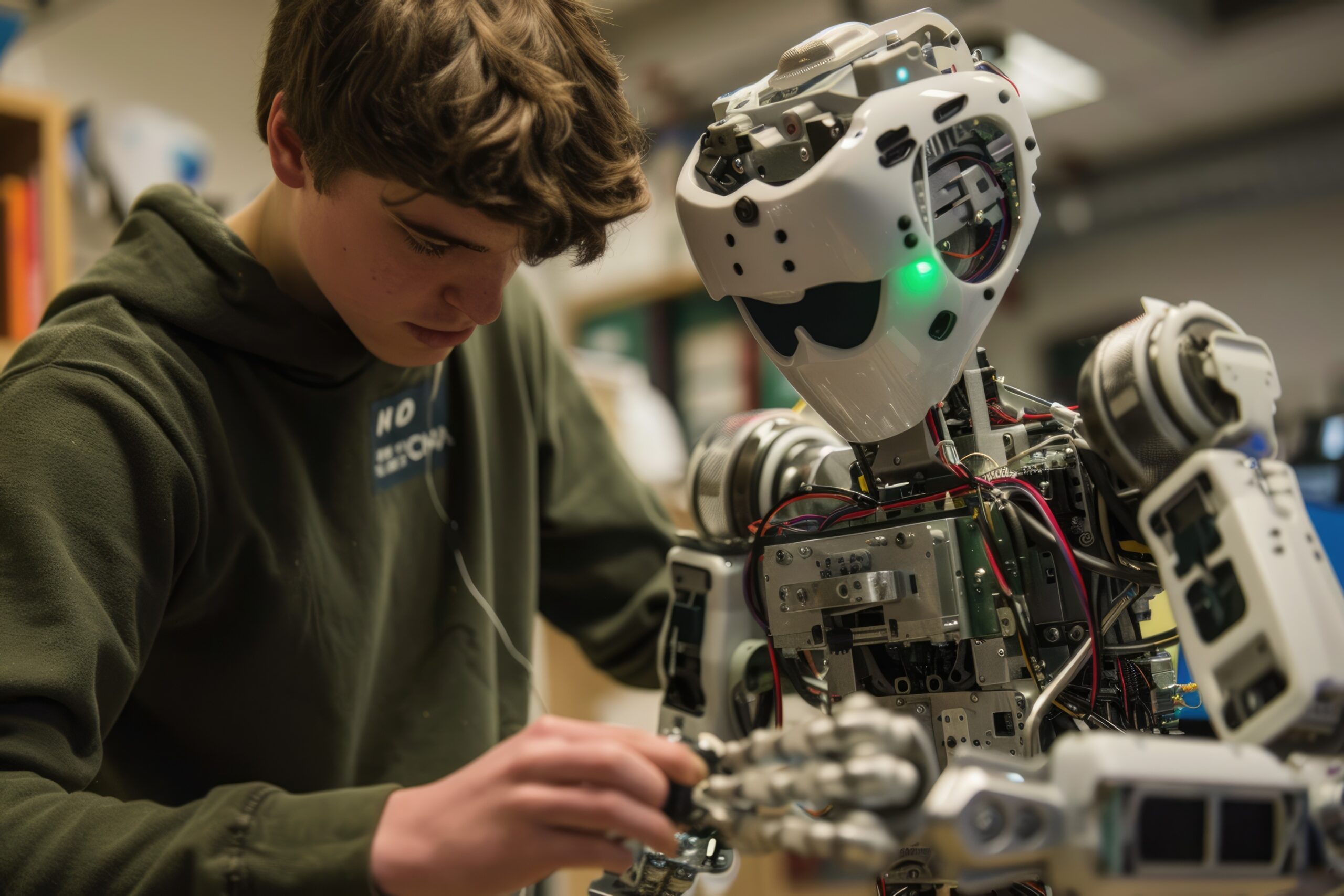 Engineer examines robotic components with precision in futuristic lab, showcasing technological innovation AIG62