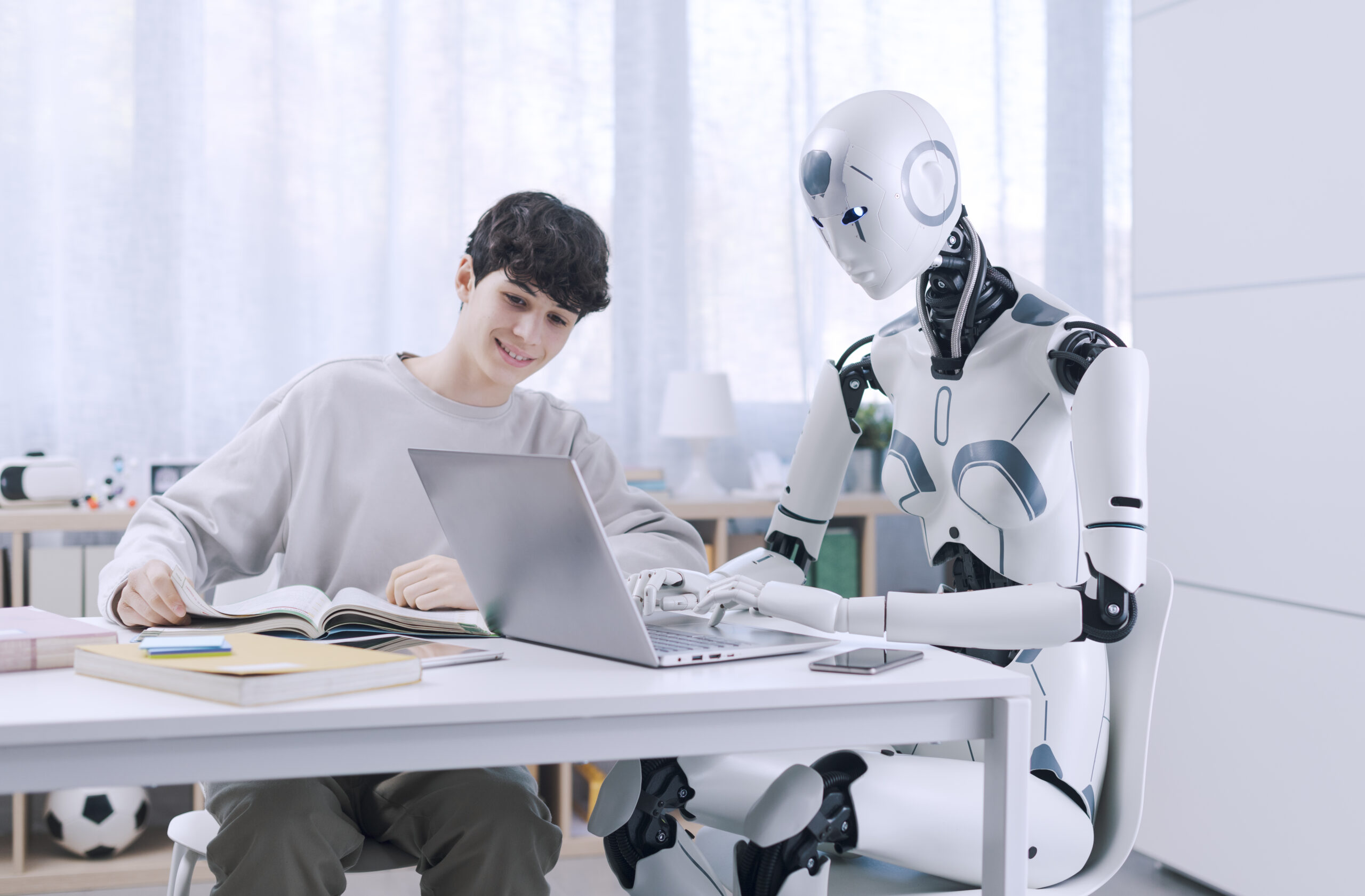 A Boy studies with the help of a Robot. The result is fruitful. Robot and Human Collaboration Concept.